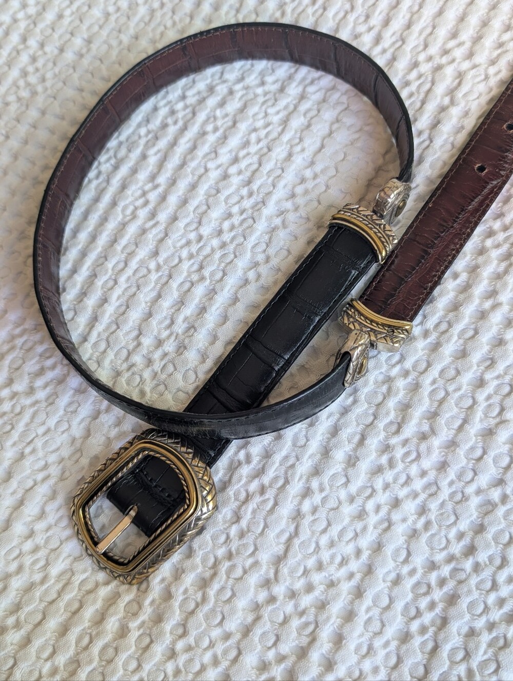 Vintage BRIGHTON Marcus Two Tone Croc Leather Belt Heart Concho 40210 Size 32